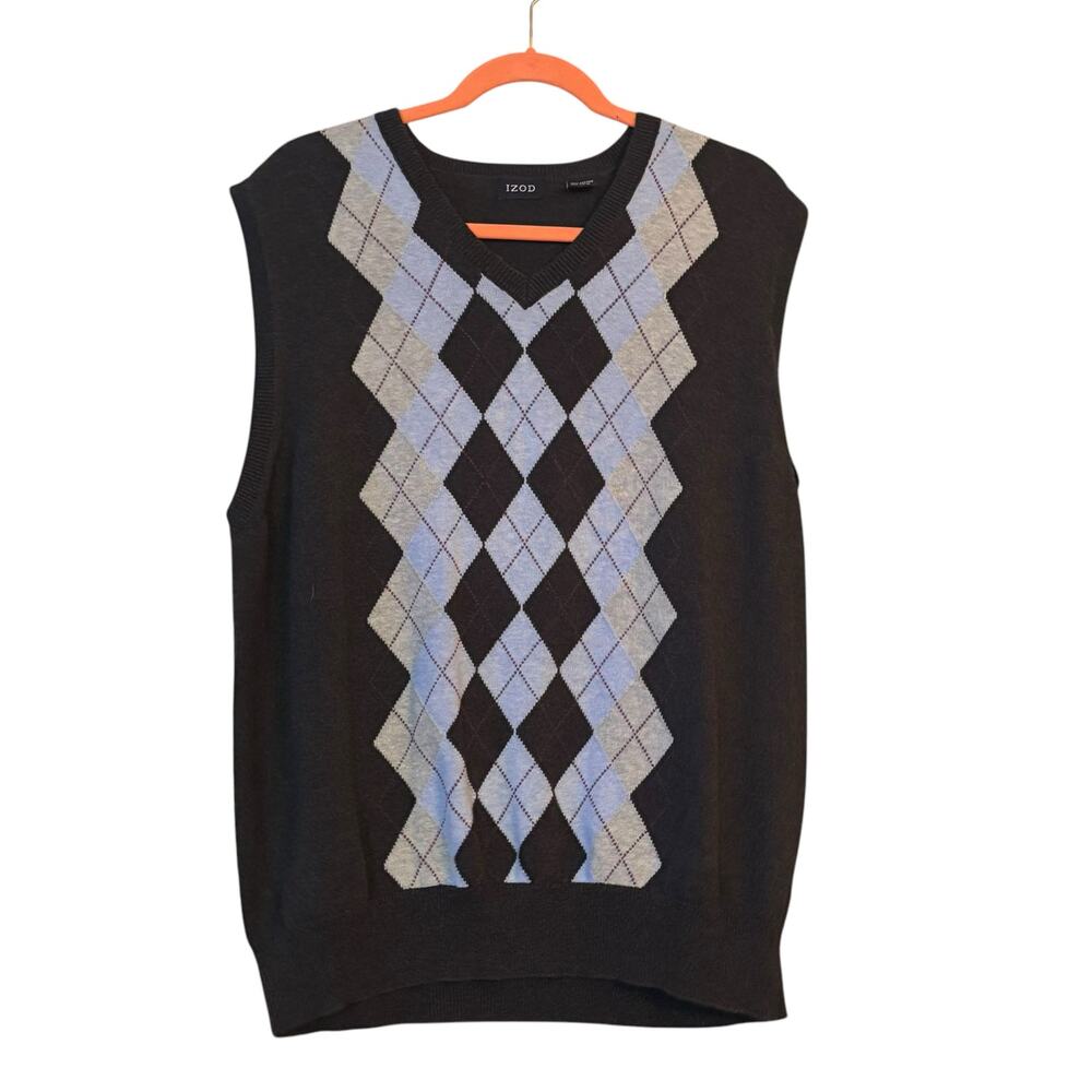 Izod Men’s Cotton Argyle Vest Blue XL Blue Gray Knit Preppy Hipster Minimalist